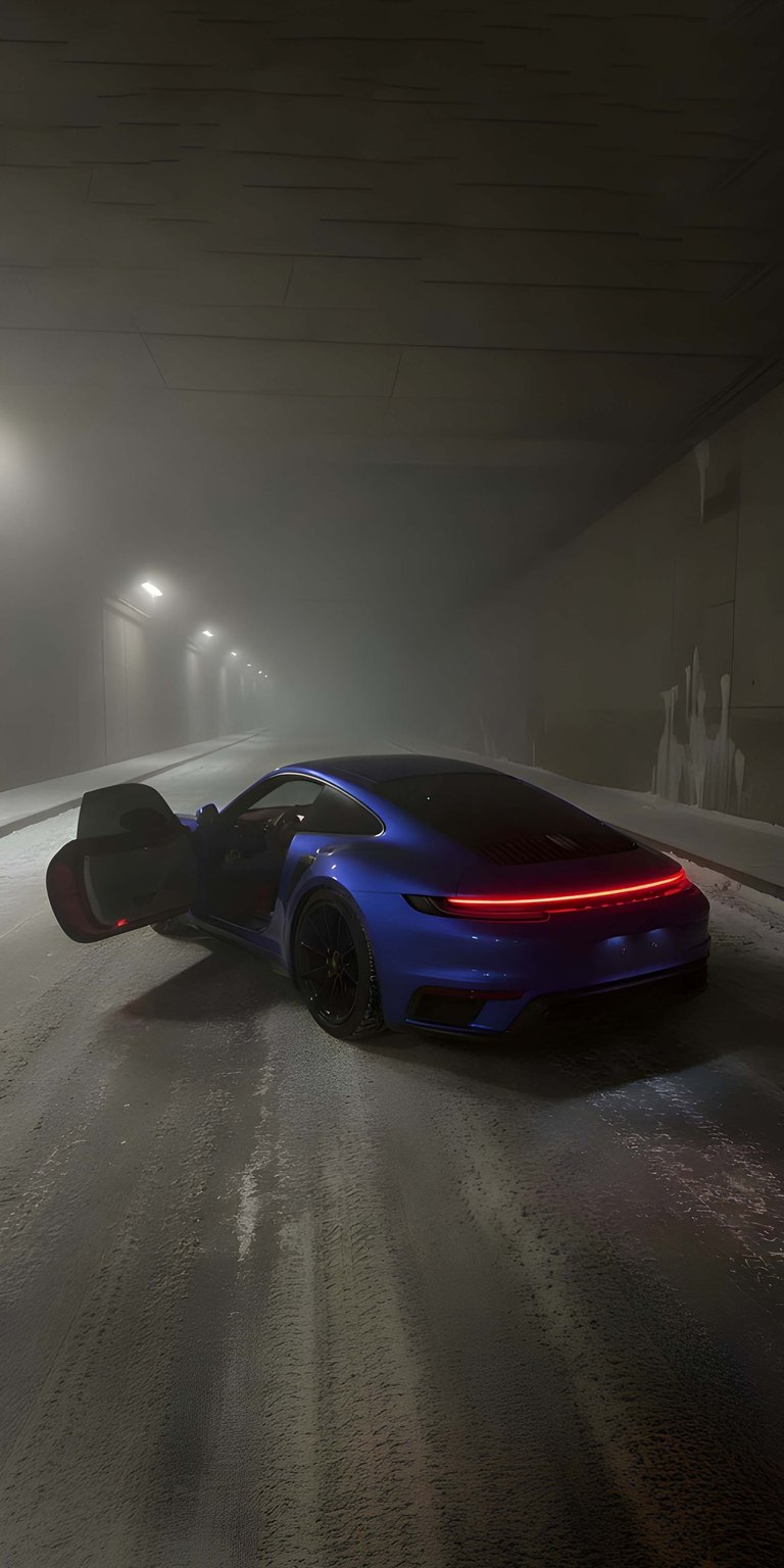 A mysterious and dramatic shot of a deep blue Porsche 911 with its door open inside a fog-filled tunnel. The glowing red tail lights pierce through the mist, creating a cinematic, noir-inspired automotive aesthetic.