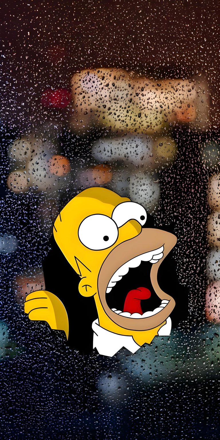 Download this stunning 4K Homer Simpson wallpaper for your iPhone, showcasing his wide-open mouth and bulging eyes. This wallpaper also features a rain-streaked window with blurred city lights, creating a unique visual.