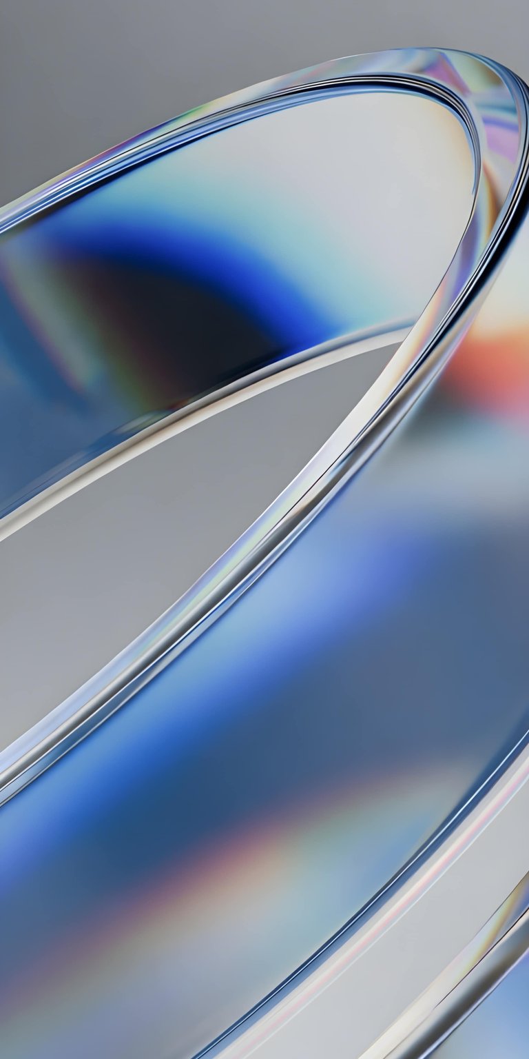 This abstract 4K wallpaper features fluid, transparent glass structures with vibrant iridescent light dispersion. Designed for iPhone, the wallpaper utilizes soft blue tones and prismatic edges to create a sense of depth and modern elegance.