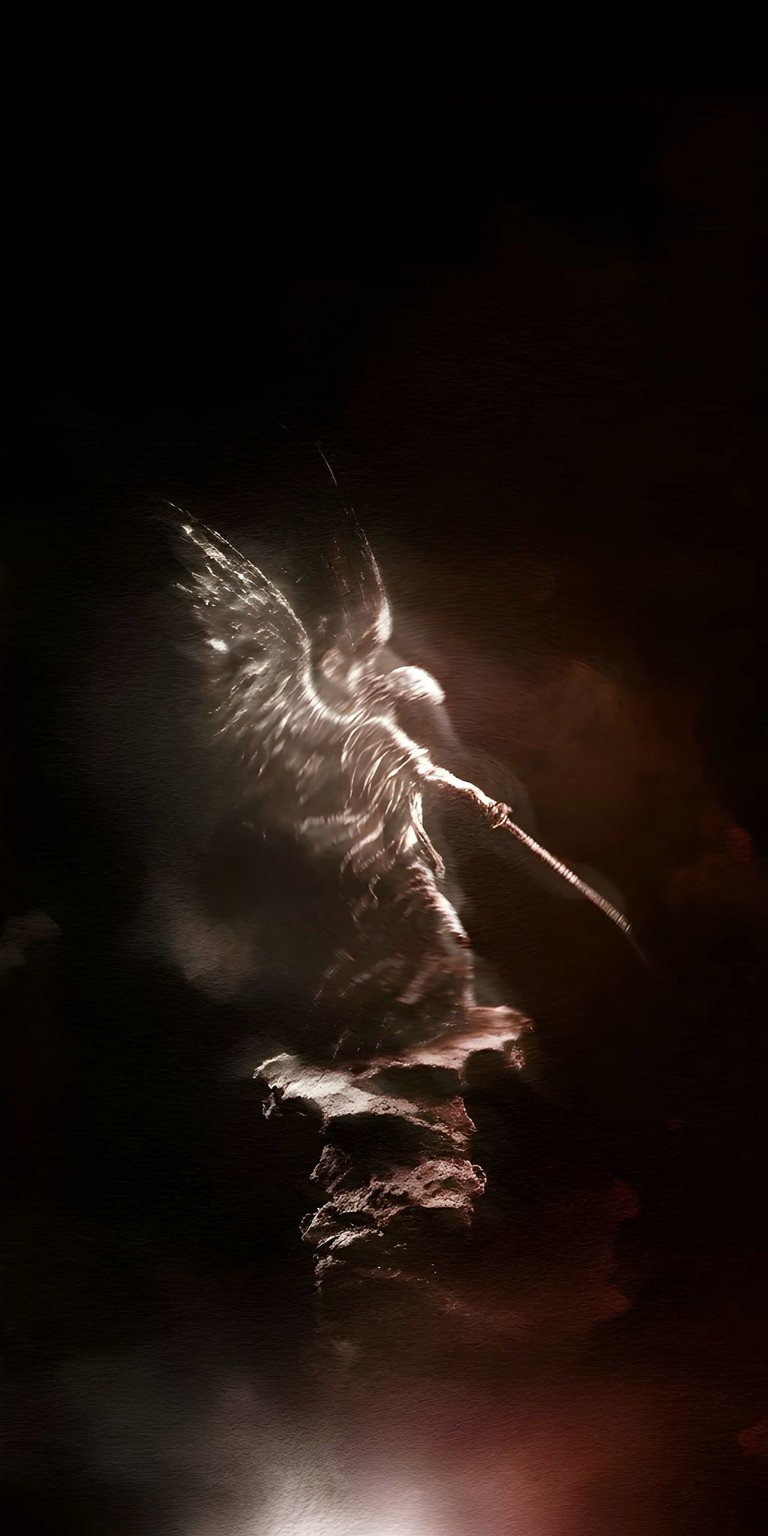 Download this stunning angel 4K wallpaper for your iPhone, showcasing a divine figure with radiant wings against a dark, ethereal backdrop. This captivating wallpaper features the angel standing atop a weathered stone pillar, illuminated by a mysterious light.