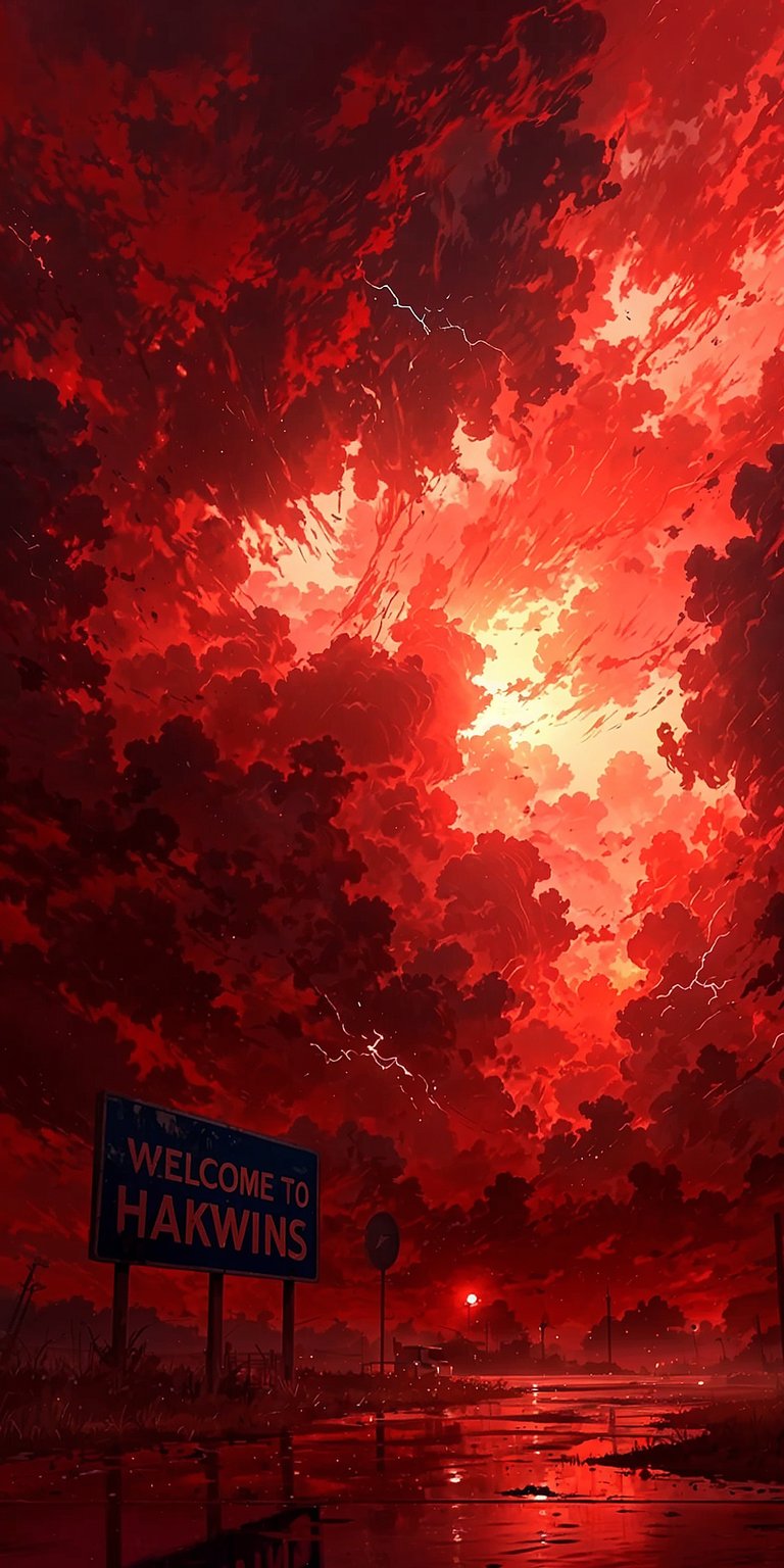 Download this striking 4K wallpaper for your iPhone featuring a stormy, red sky over Hawkins. This wallpaper showcases a 'Welcome to Hawkins' sign and a time display, offering a unique and dramatic look.