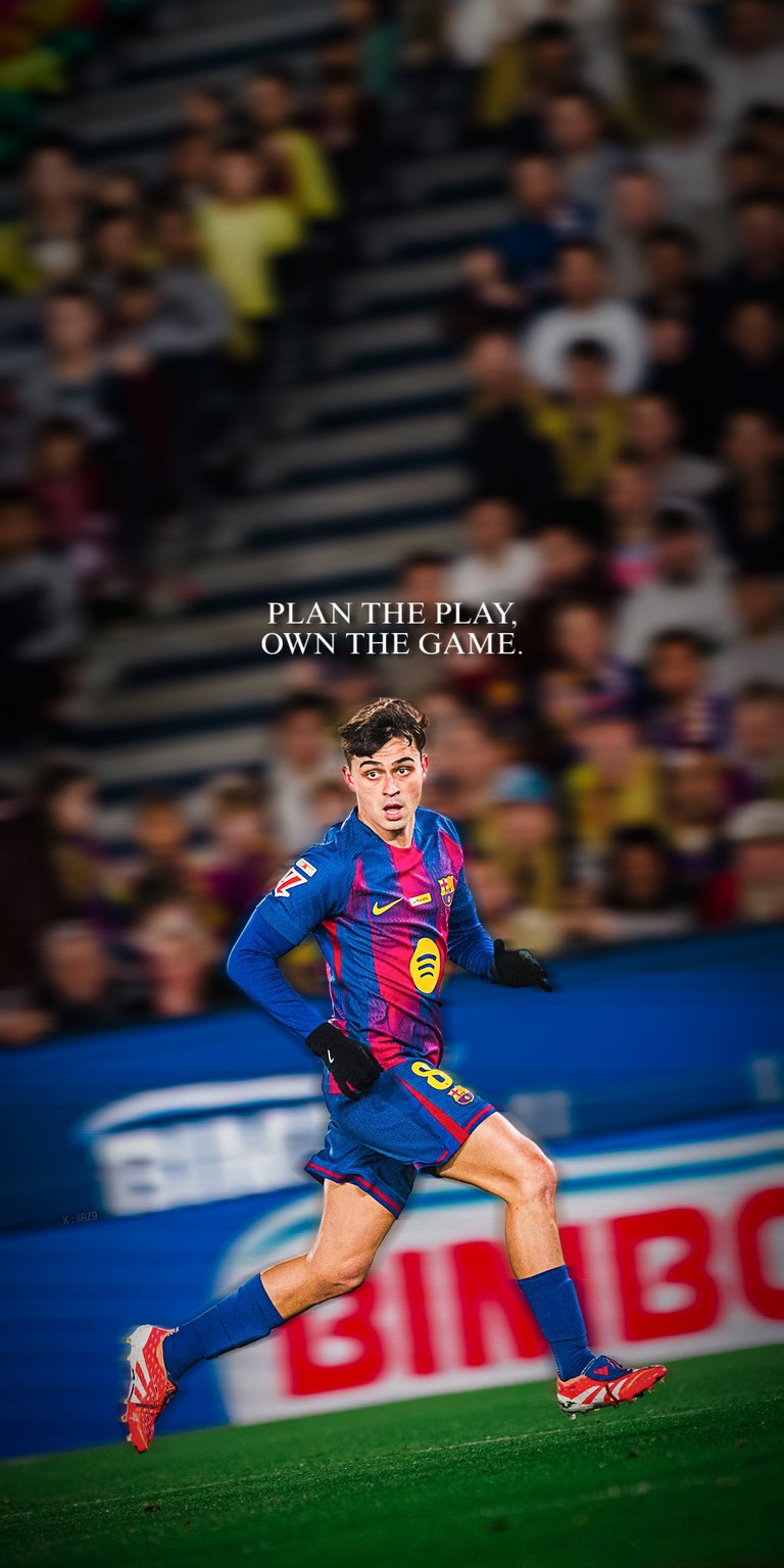 Celebrate the midfield maestro with this vibrant action shot of Pedri. Featuring the strategic quote "Plan the play, own the game," this wallpaper captures the intelligence and movement of one of the world's best young players.