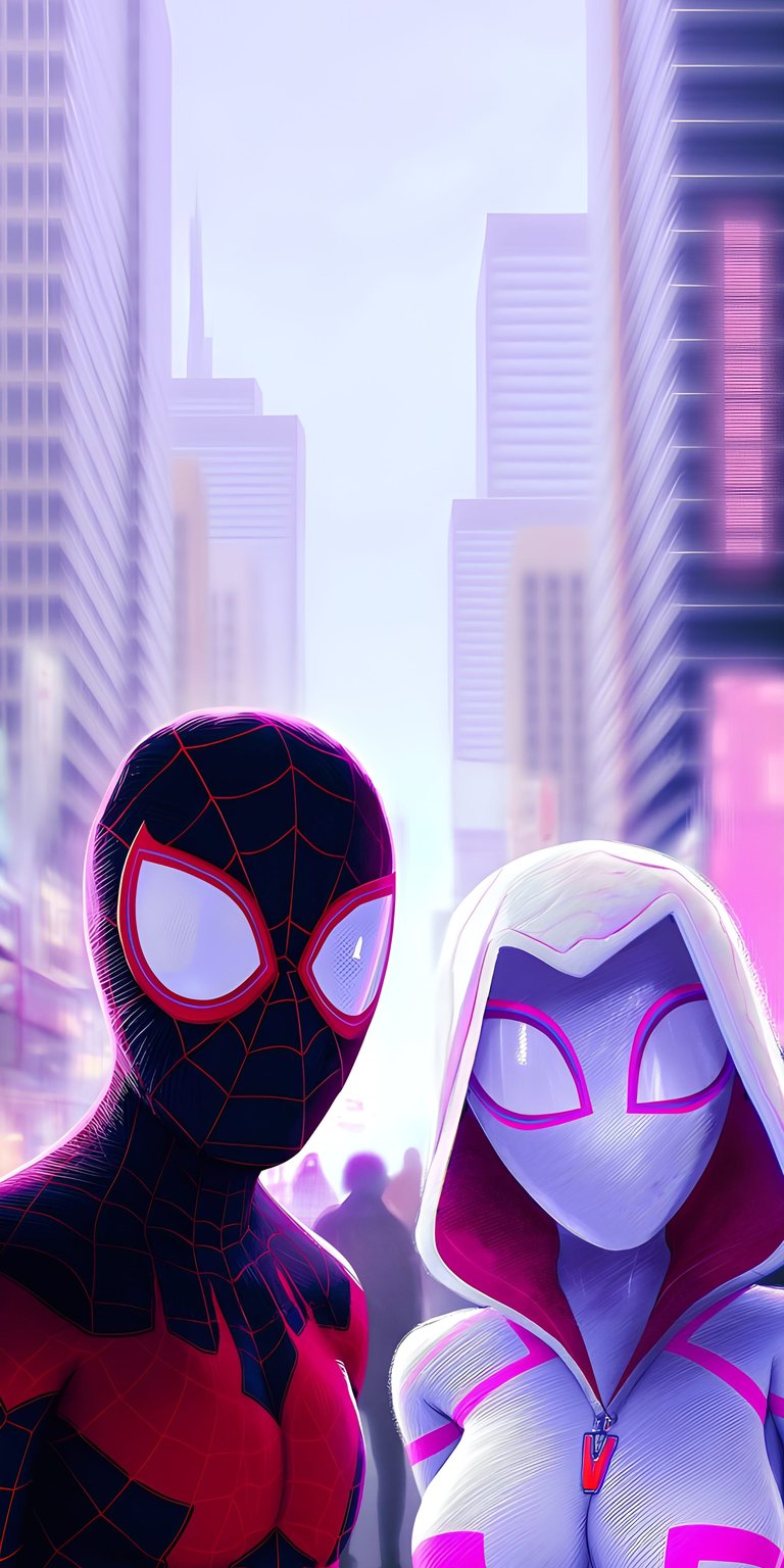 Miles Morales and Gwen Stacy appear together in this stylized 3D wallpaper. This aesthetic wallpaper brings a modern cinematic feel to your iPhone lock screen.