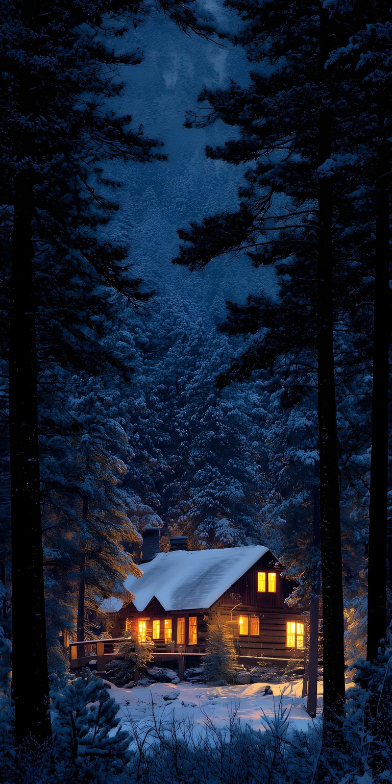 A picturesque 4K wallpaper capturing the perfect cozy winter scene: a small, illuminated cabin nestled deep in a dark, snowy forest under a quiet night sky. This image evokes feelings of warmth, isolation, and the magic of Christmas, making it an ideal festive background for the holiday season. The high resolution enhances the gentle snowfall and the warm glow from the windows.