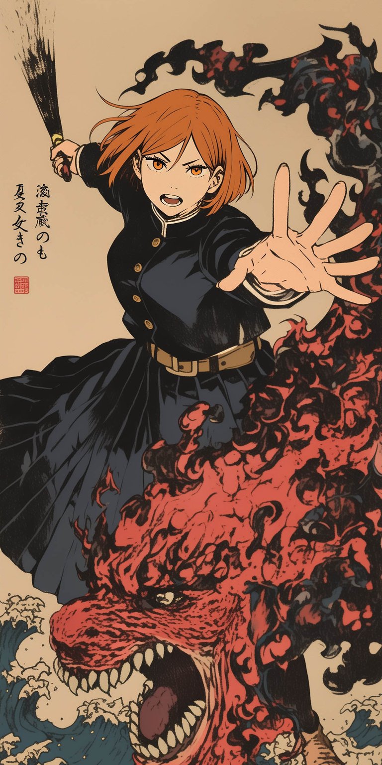 This 4K wallpaper features a stunning Ukiyo-e Japanese art style illustration of Nobara Kugisaki for your iPhone. The aesthetic wallpapers design blends traditional woodblock textures with vibrant orange and deep indigo tones to create a bold, high-contrast look for your mobile device.