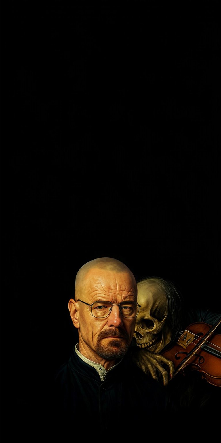 Download this Walter White 4K wallpaper for your iPhone, featuring a portrait of Walter with a skeleton playing a violin behind him. This striking wallpaper captures a unique blend of dark artistry.