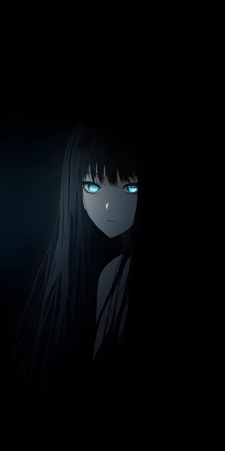 Download this stunning anime girl 4K wallpaper for your iPhone, featuring glowing blue eyes and dark, flowing hair. This wallpaper captures a mysterious character emerging from the shadows, offering a striking visual for your device.