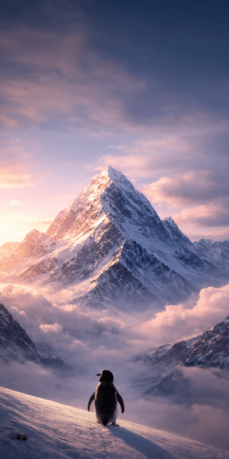 Download this stunning penguin 4K wallpaper for your iPhone, featuring a penguin standing in a snowy landscape against a backdrop of majestic mountains and pink clouds. This serene wallpaper captures the beauty of nature and the resilience of wildlife in a breathtaking scene.
