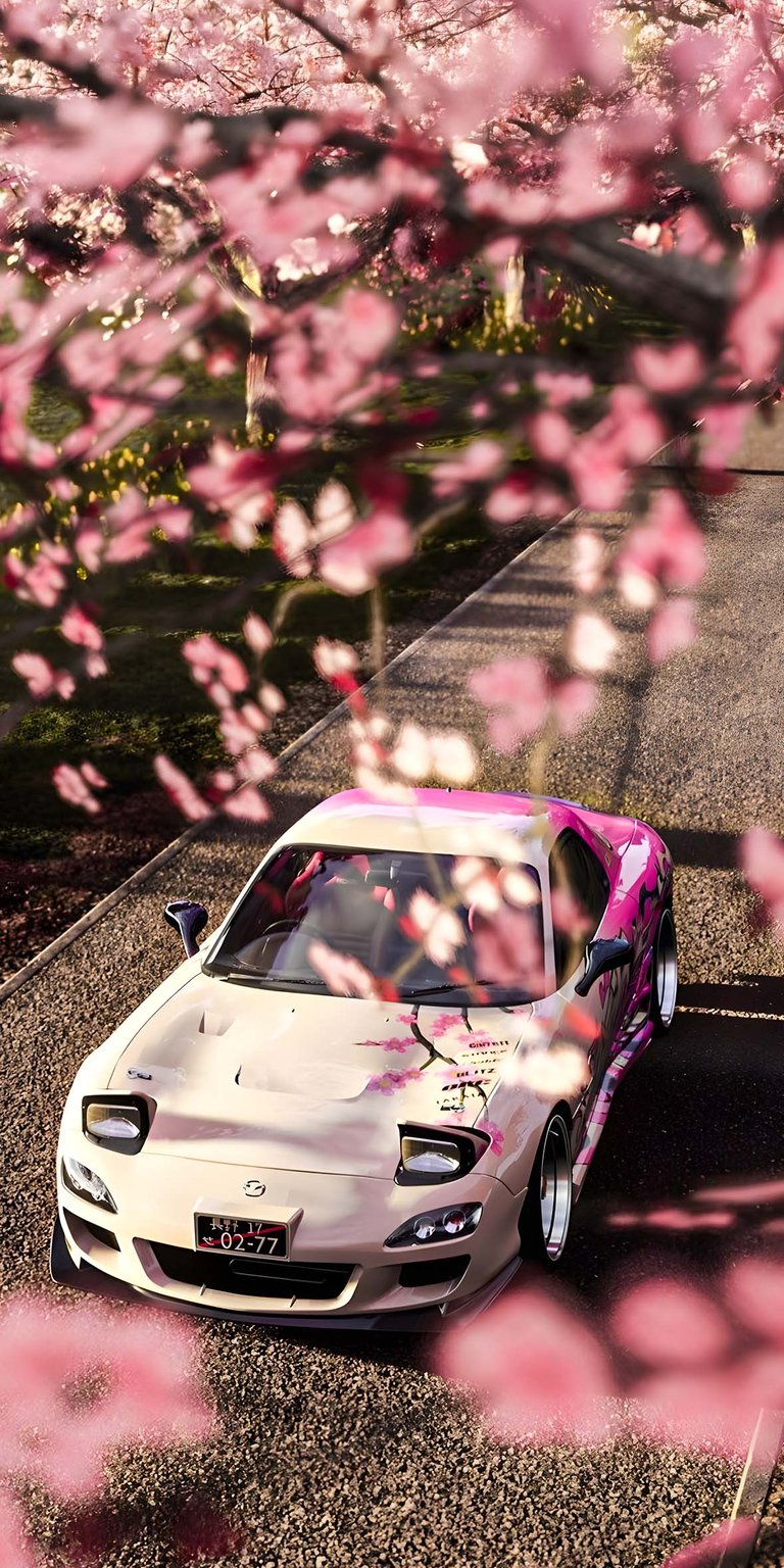 Mazda RX7 cherry blossom tree wallpaper HD iPhone