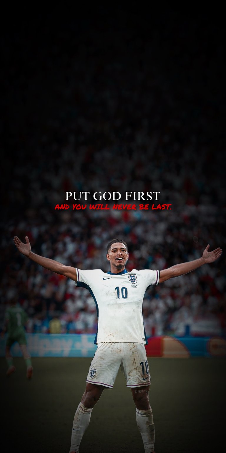 This cinematic 4K wallpaper features Jude Bellingham celebrating in his England kit with an inspiring quote overlaid on a dark, blurred stadium crowd. Perfect for iPhone, these aesthetic wallpapers use deep vignette shadows and white and red typography to create a powerful sports atmosphere.
