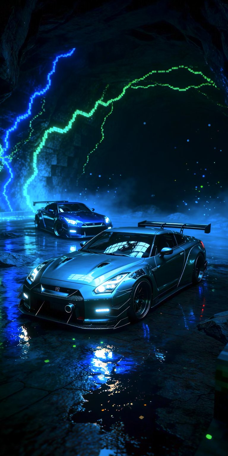 An electrifying 4K wallpaper featuring a Nissan GTR R35 deep within a dark Minecraft cavern. The scene is illuminated by striking blue lightning bolts and neon accents reflecting off wet, blocky surfaces. This high-contrast image blends the "Godzilla" of the car world with the mysterious depths of a Minecraft mine, creating a moody, high-energy atmosphere.