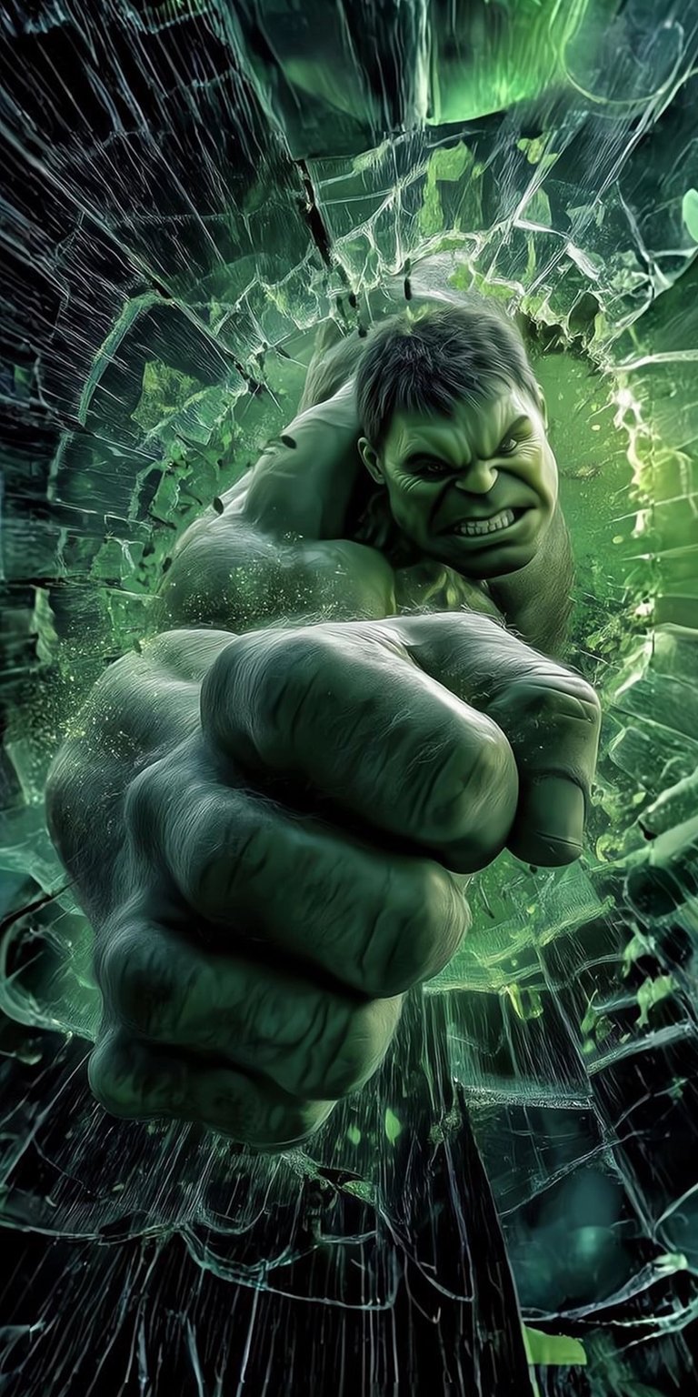 Download this incredible Hulk wallpaper in 4K for your iPhone, showing him bursting through a shattered glass. The vibrant green hues and intense expression capture the Hulk's raw power.
