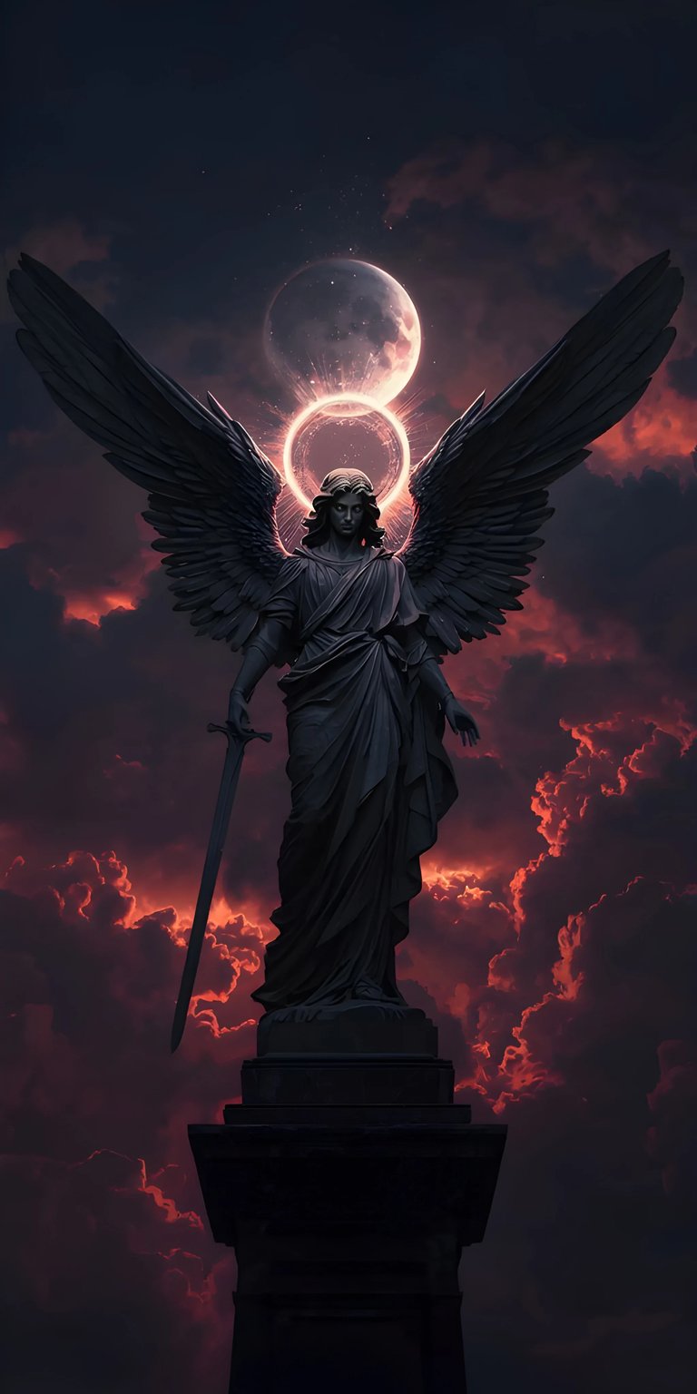 Download this striking Angel wallpaper in 4K resolution for your iPhone, featuring an angel statue against a dramatic sky. The statue holds a sword with a luminous halo behind her.