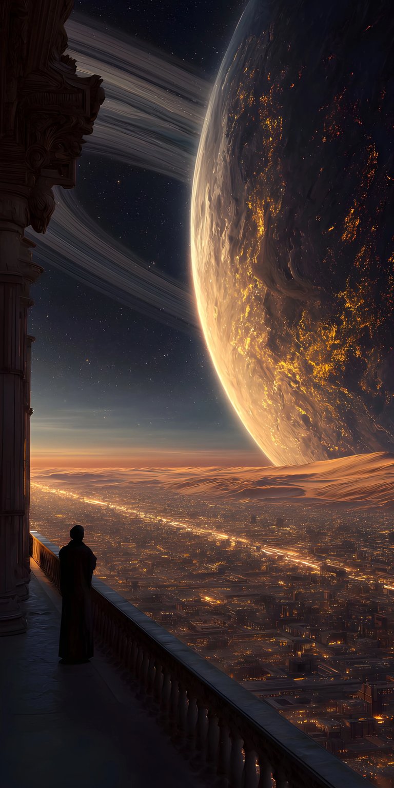 Download this stunning Planet City 4K wallpaper for your iPhone, showcasing a person overlooking a vast cityscape under the glow of a ringed planet. This wallpaper features detailed architecture and shimmering lights.