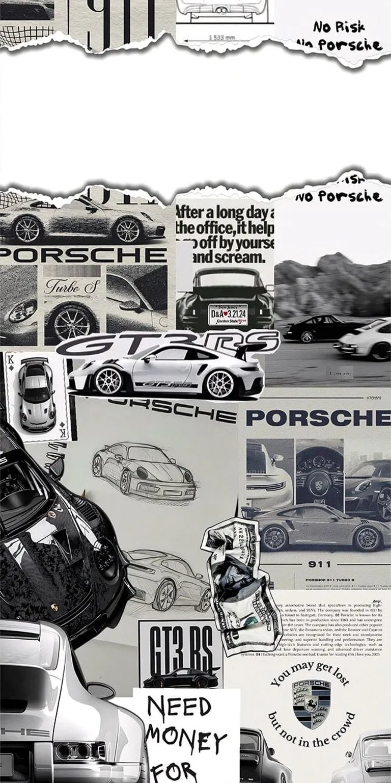 Porsche Collage 4K wallpaper featuring black and white car sketches, racing imagery, and vintage magazine-style layouts. This wallpaper is optimized for iPhone and blends monochrome tones with bold automotive graphics for an aesthetic wallpapers look.