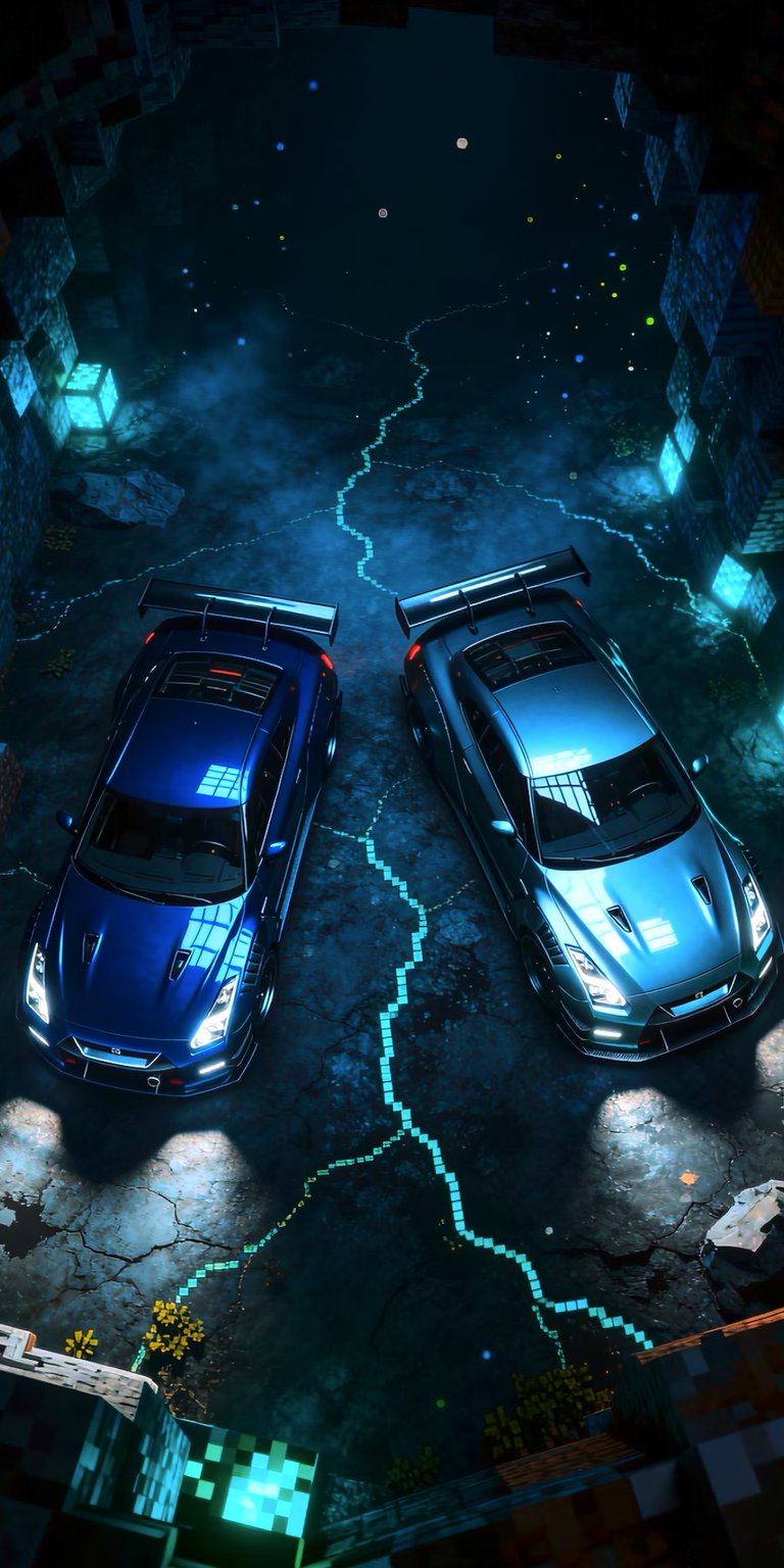 A top-down perspective of a silver and a blue Nissan GTR positioned along a glowing neon rift on a dark Minecraft floor. The composition highlights the symmetry of the vehicles and the jagged, electric energy of the environment. The high-contrast silver and deep blue paint jobs make this a standout piece for minimalist yet aggressive tech-themed backgrounds.