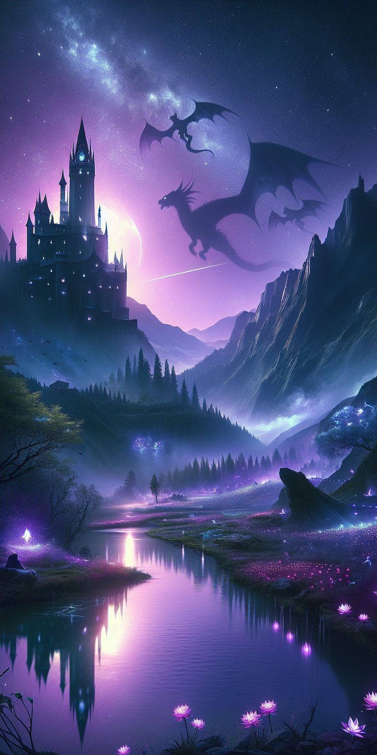Flying dragons through the castle at night wallpaper