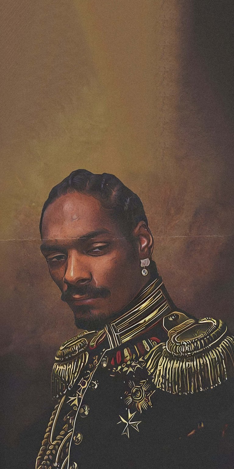 Elevate your iPhone with a regal Snoop Dogg 4K wallpaper! This wallpaper features Snoop Dogg in a detailed military-style coat with gold trim and a peace sign earring.