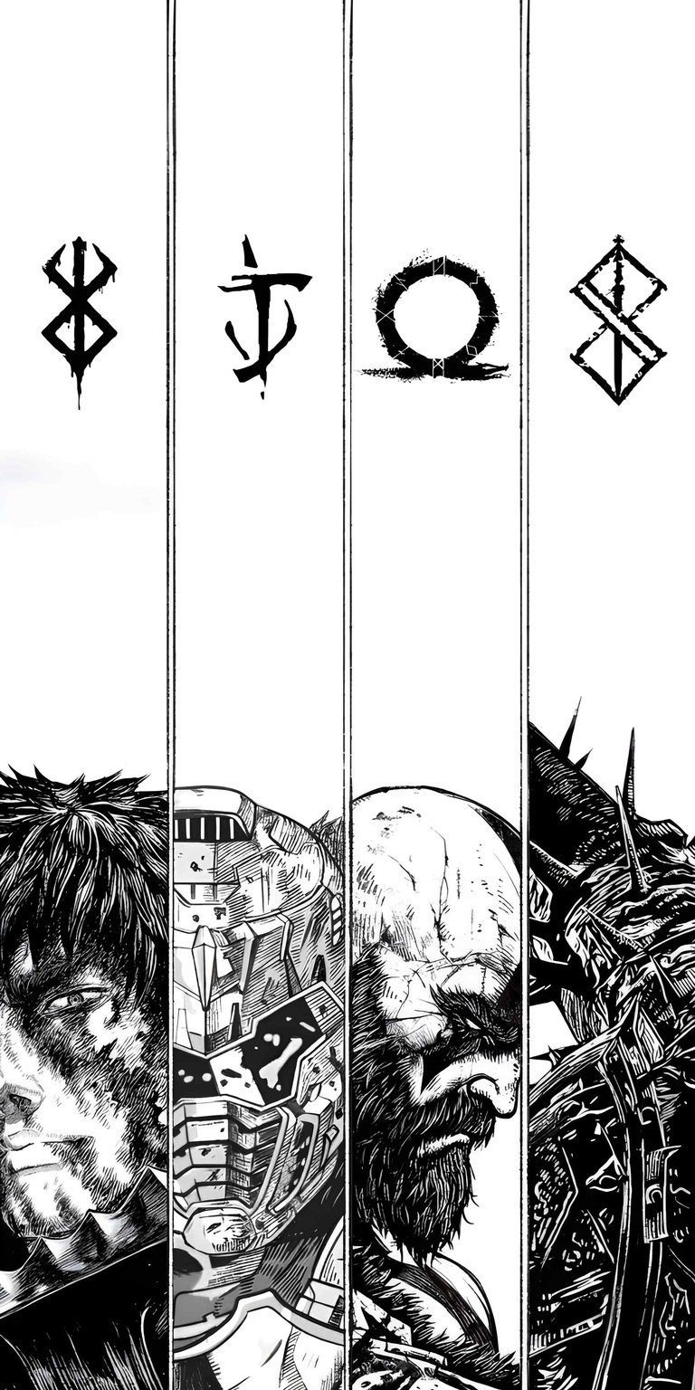 A powerful black and white wallpaper featuring Guts, Doom Slayer, and Kratos with their iconic sigils. This aesthetic wallpaper brings a dark, legendary vibe to your iPhone.