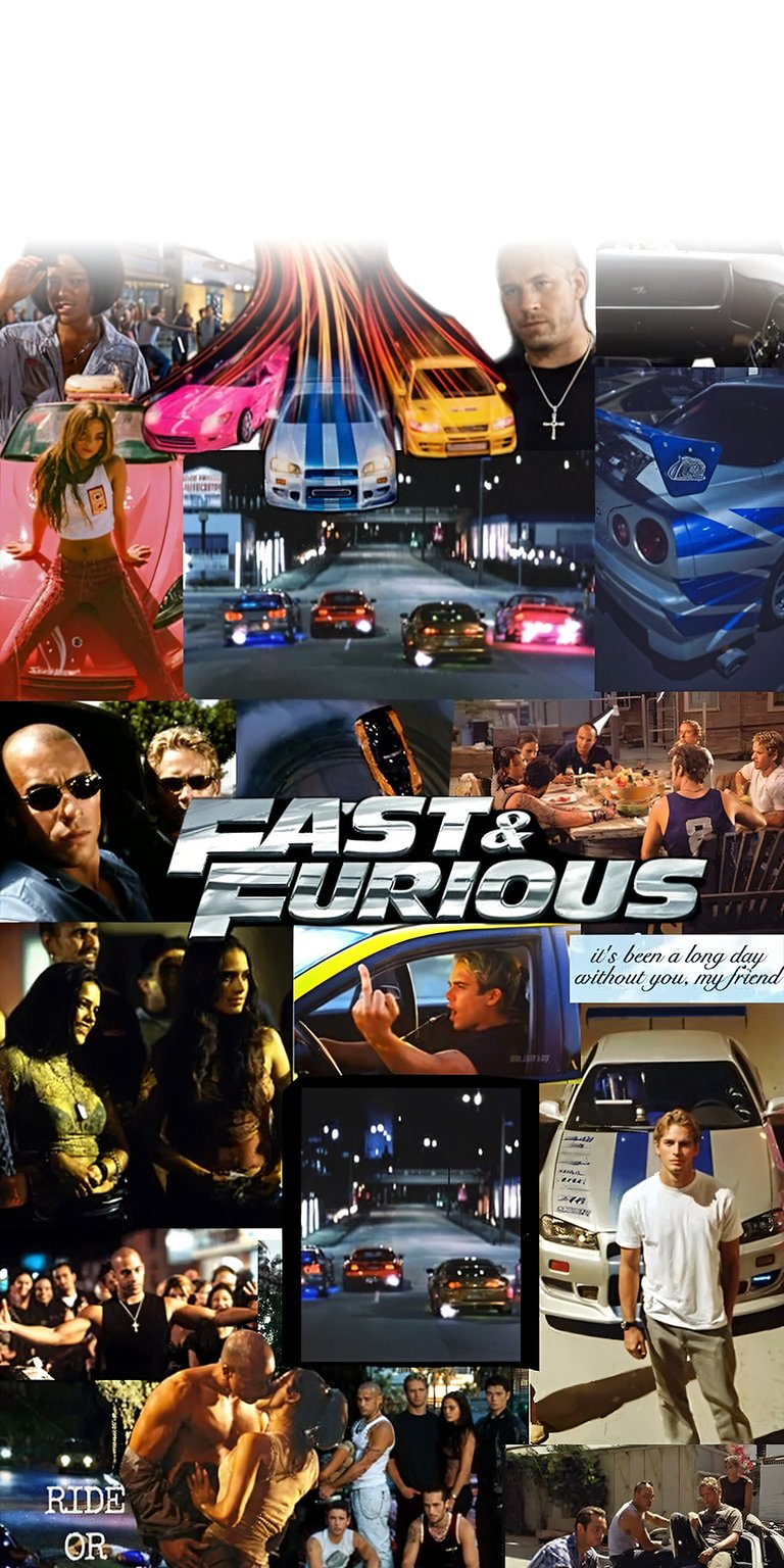 This Fast and Furious wallpaper is the perfect addition to your iPhone, showcasing a collage of iconic scenes. The 4K wallpaper highlights moments such as racing cars with neon trails, the crew at dinner, and the text "it's been a long day without you, my friend."