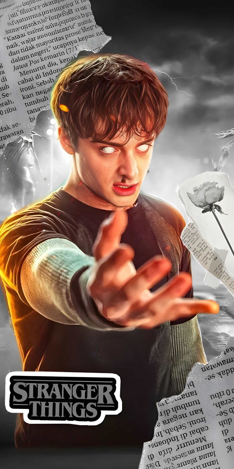 Show your love for the Cleric of the party with this intense Will Byers 4K wallpaper designed for your iPhone. This wallpaper features Will reaching out with glowing eyes against a gritty collage of newspaper clippings and supernatural "Upside Down" atmosphere.