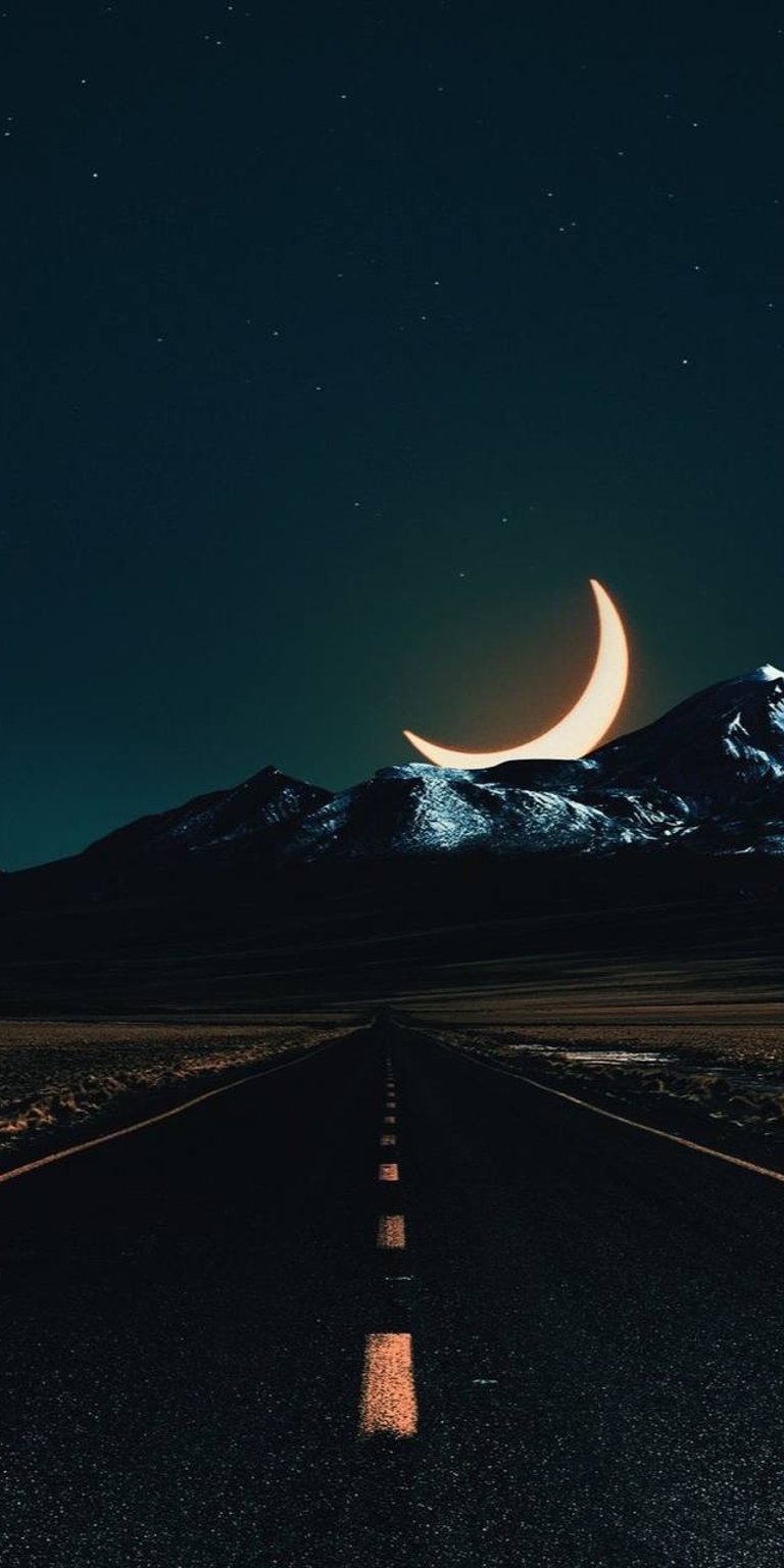 Crescent moon mountain view on the road phone wallpaper