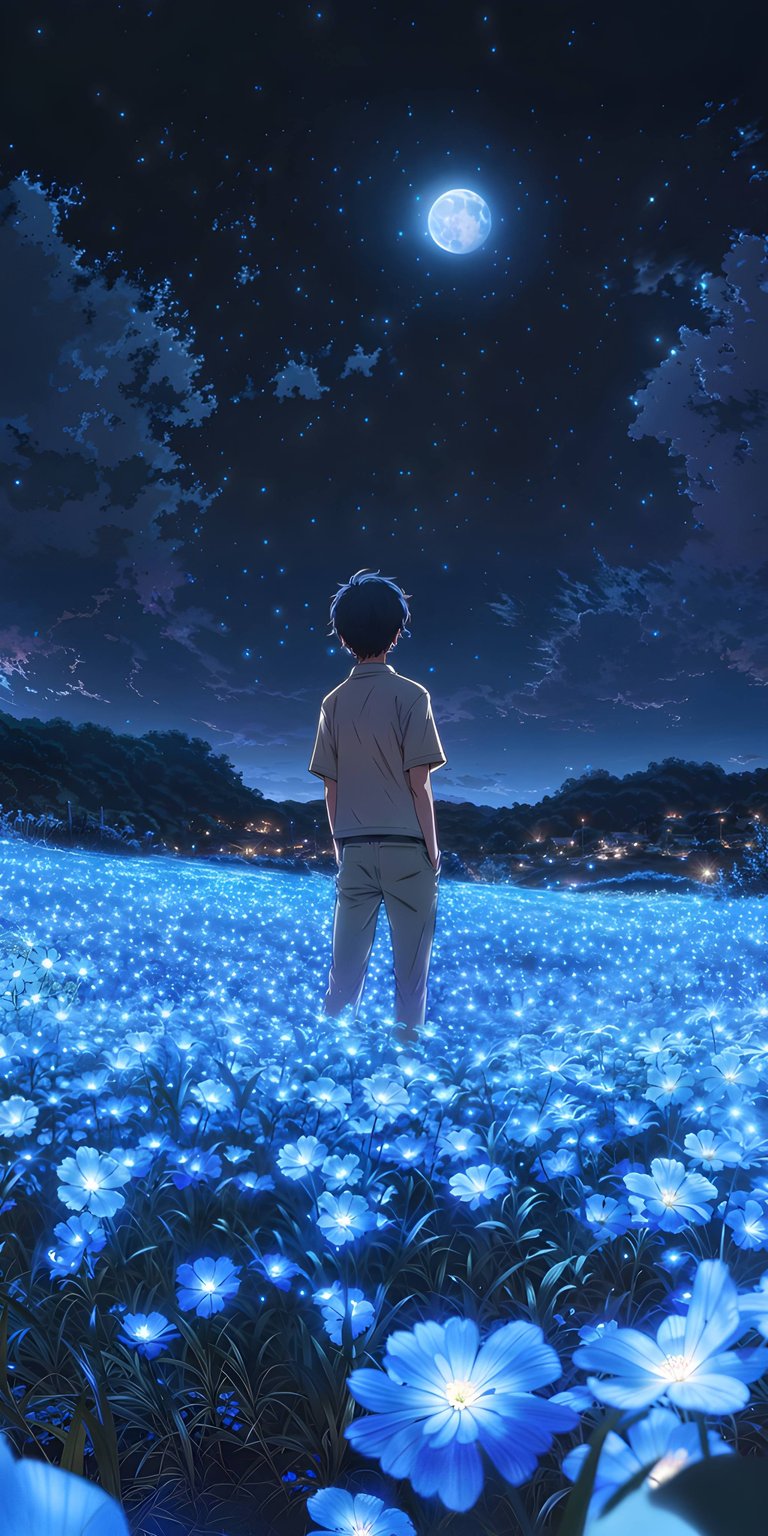 Download this beautiful boy 4K wallpaper for your iPhone, standing in a luminous field of glowing blue flowers. The sky is dark and starry with a full moon.