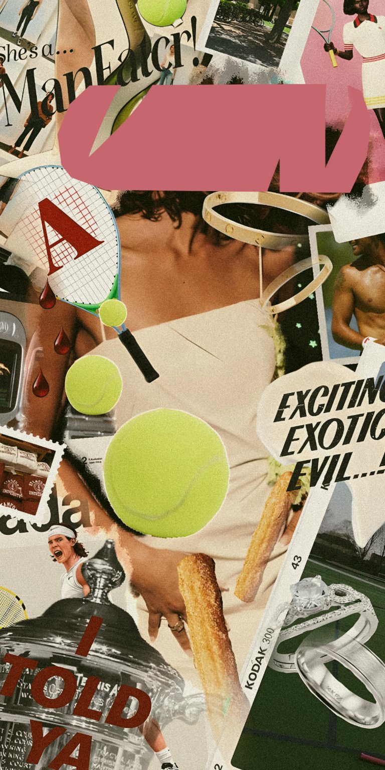 Tennis collage with "Exciting. Exotic. Evil...!" words wallpaper