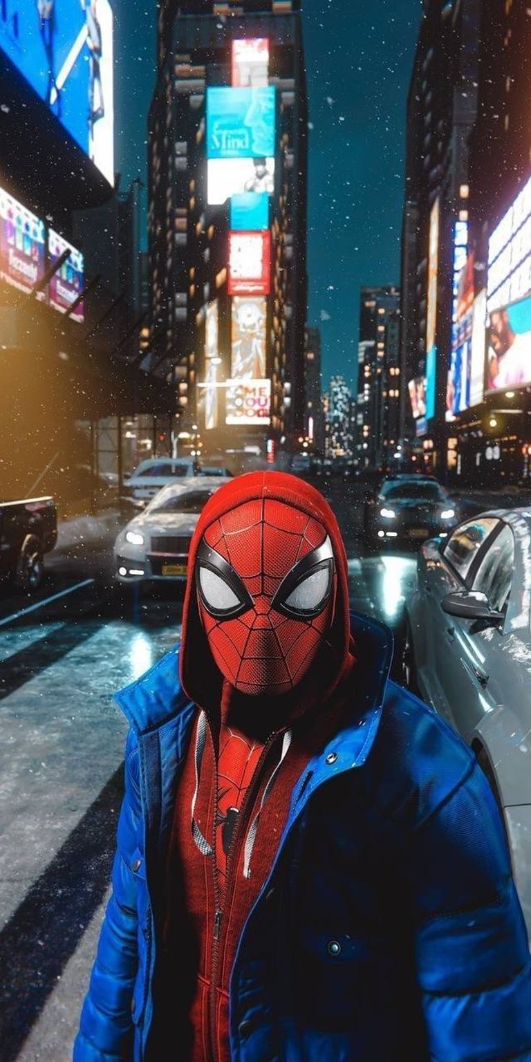 Spiderman in a hoodie with city streets collage 4k wallpaper