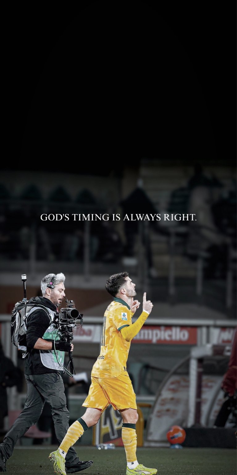A high-energy, dynamic live wallpaper capturing a moment of intense celebration in a soccer match, featuring the goalkeeper and defender. The inspirational message, "GOD'S TIMING IS ALWAYS RIGHT," adds a layer of depth and motivation. The warm stadium lighting and the passion of the athletes make this a dramatic and uplifting background for any sports enthusiast or athlete.