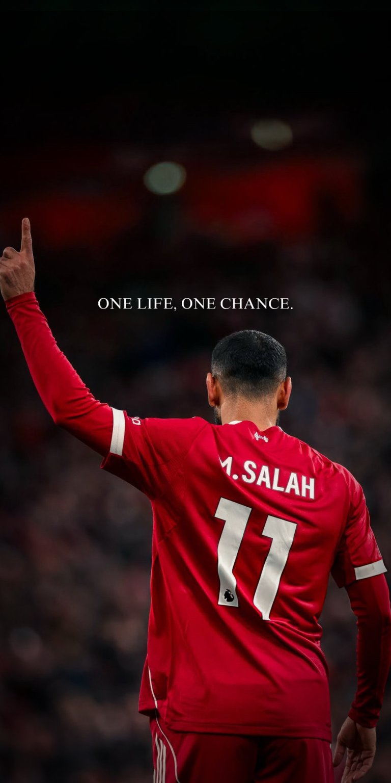 The 4k wallpaper features Mohamed Salah, a prominent forward for Liverpool FC, in his team's kit, with the text "ONE LIFE, ONE CHANCE" displayed above him.