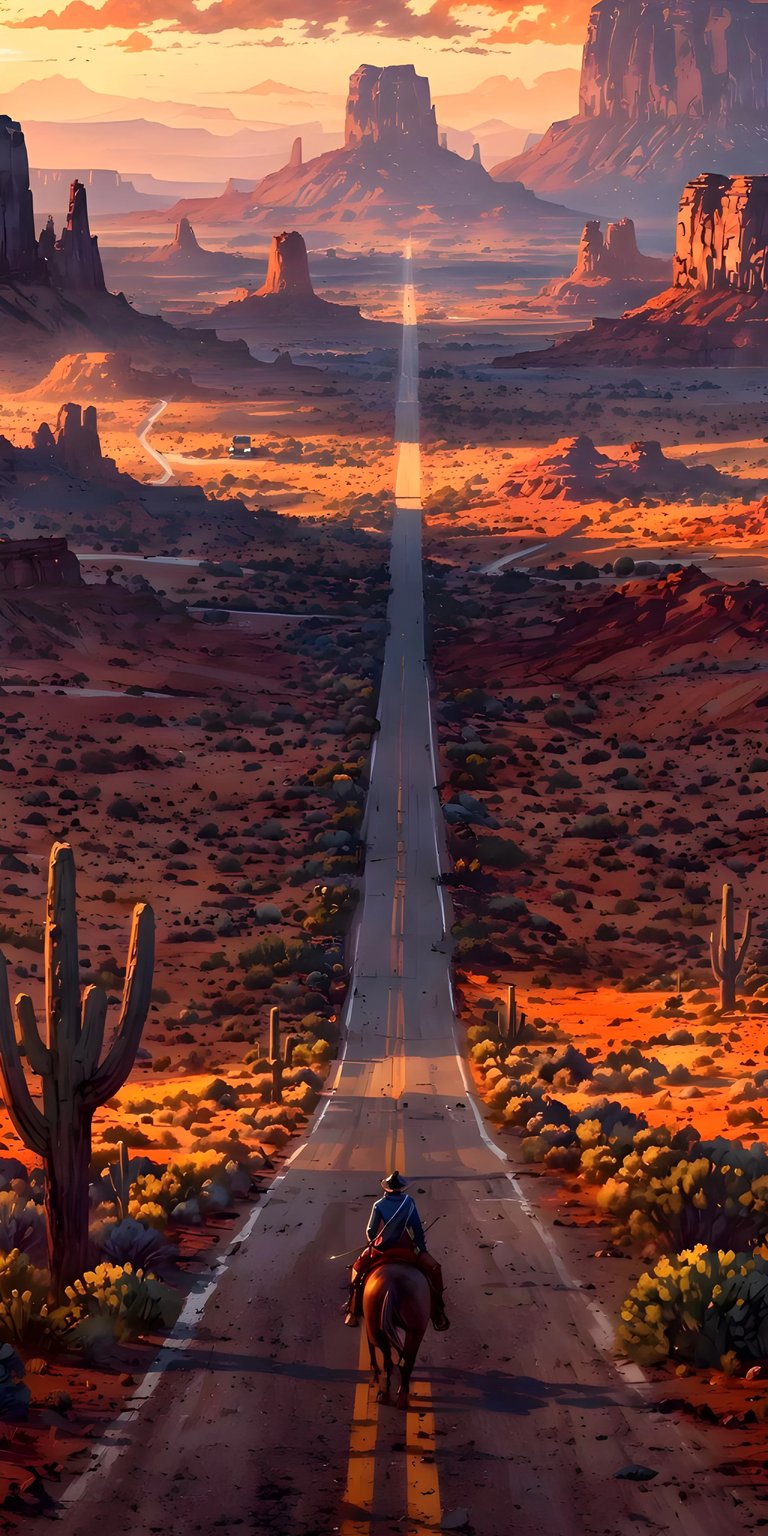 Saddle up with this striking 4K wallpaper, showcasing a lone cowboy riding down a sun-drenched desert highway. The iPhone wallpaper features majestic rock formations and cacti dotting the arid landscape, creating a classic Western vista.