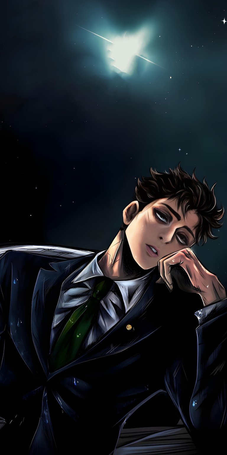 Download this Johan Liebert 4K wallpaper for your iPhone, showcasing his dark suit, and his distinct green tie. This stunning wallpaper also features a bright moon overhead.