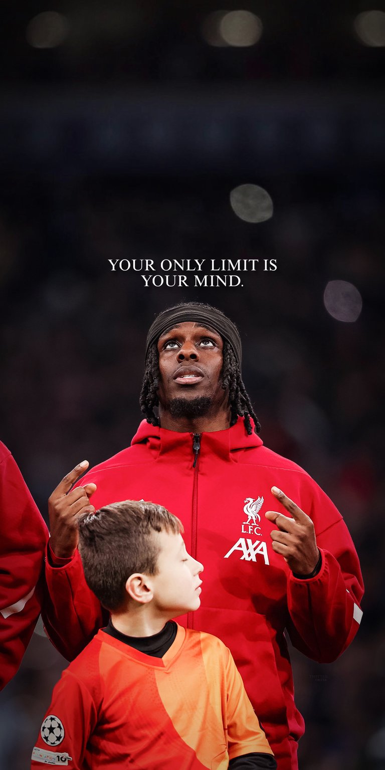 This Jeremie Frimpong 4K wallpaper offers an inspiring look for your iPhone featuring the popular Aesthetic wallpapers style. The visual captures Frimpong in a vibrant red kit with soft background bokeh and a centered motivational quote.