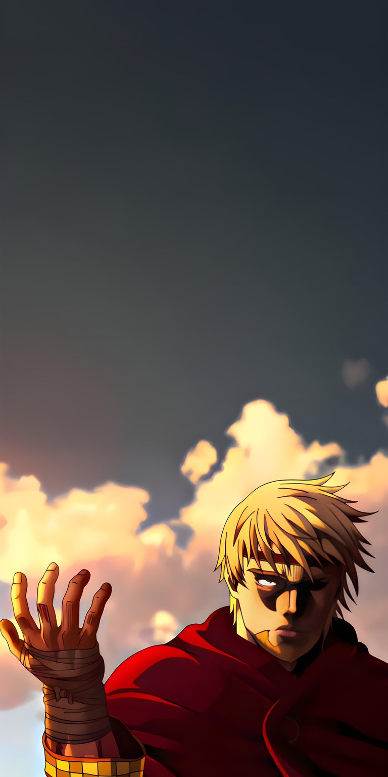 Download this Thorfinn 4K wallpaper for your iPhone, showcasing his blond hair and red cloak. This stunning wallpaper also features an injured hand wrapped in bandages against a backdrop of clouds.