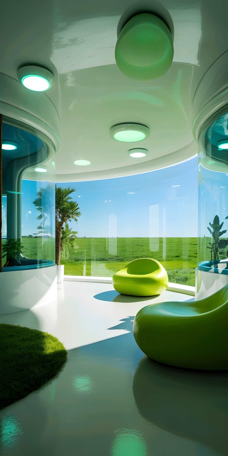 Get this Green Landscape wallpaper in stunning 4K for your iPhone, highlighting sleek, glossy flooring, vibrant green seating, and a picturesque outdoor view. This wallpaper showcases a modern indoor space merging seamlessly with the natural landscape.