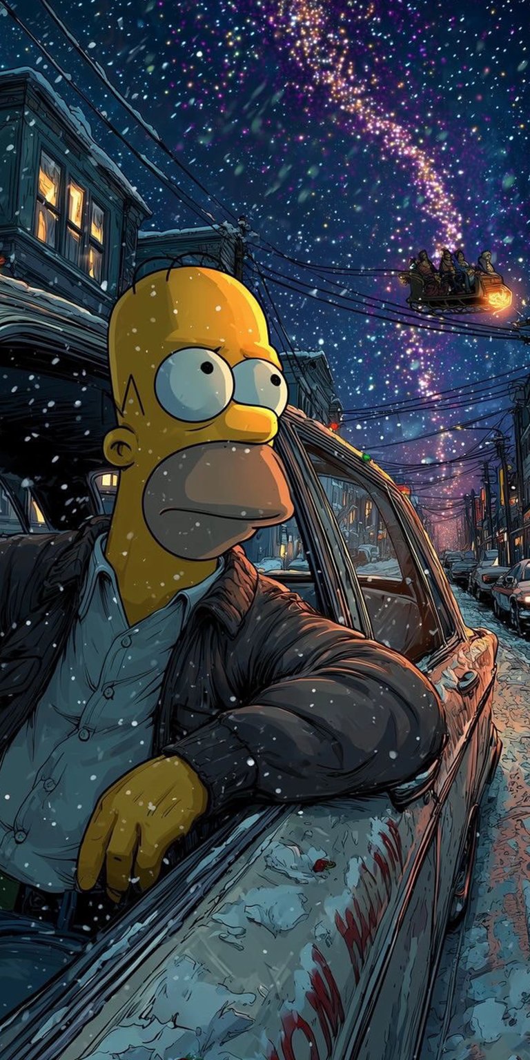 Download this Homer Simpson 4K wallpaper for your iPhone! This wallpaper shows Homer in a car amidst a snowy cityscape, with a magical sleigh flying through a star-filled sky.