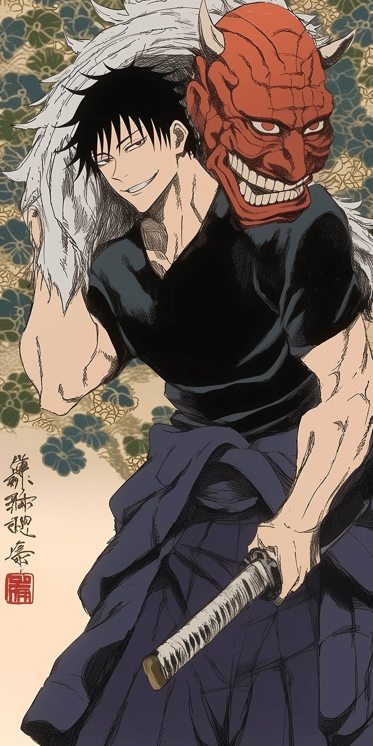 This 4K wallpaper features a highly detailed illustration of Toji Fushiguro holding a red Hannya mask against a floral traditional background. Perfect for an iPhone lock screen, this aesthetic wallpaper uses a muted earth-tone palette with sharp line art to create a gritty, cinematic mood.