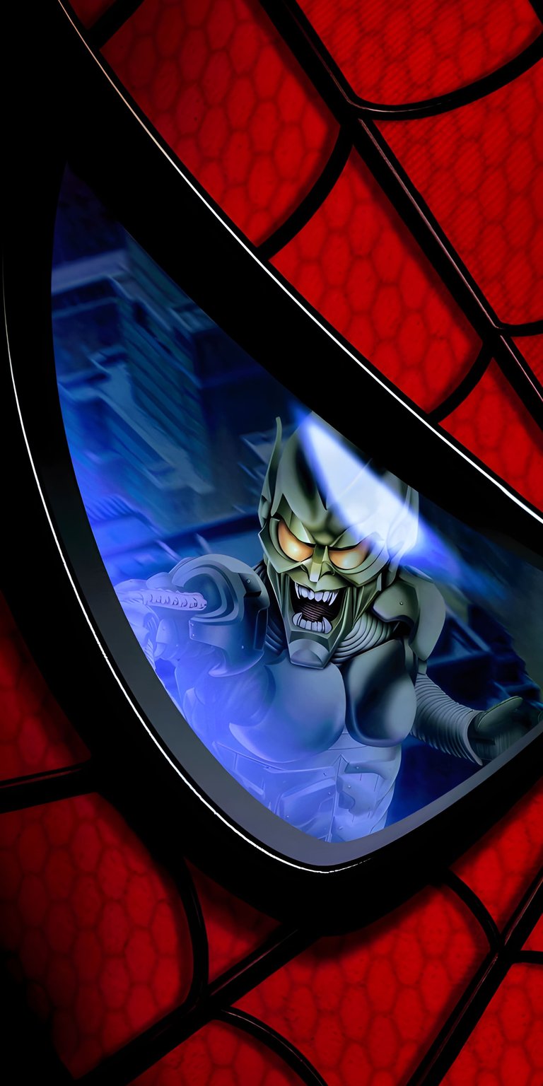 Get the Green Goblin 4K wallpaper for your iPhone, showcasing the villainous character with glowing golden eyes and sharp teeth. This stunning wallpaper features a futuristic cityscape and a Spiderman-themed web frame.