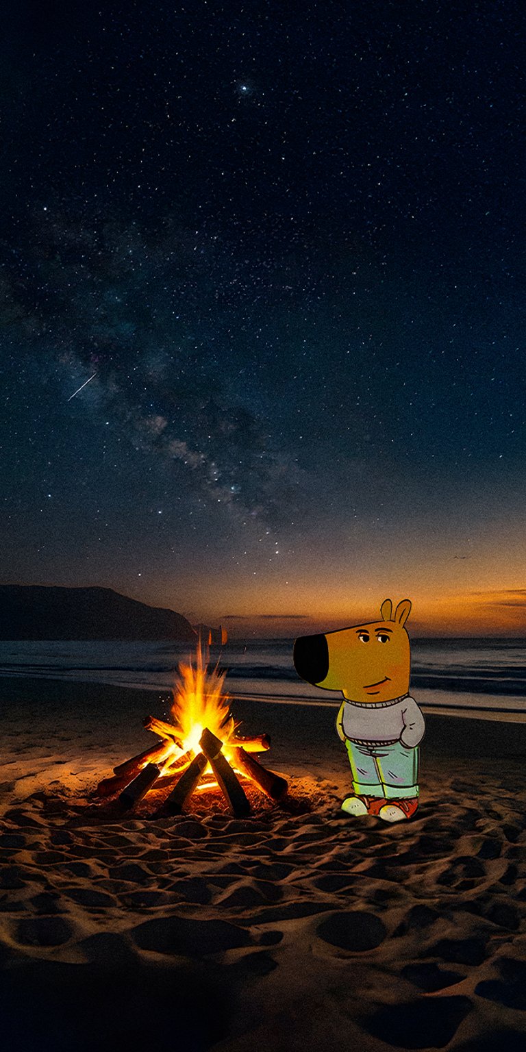 Chill Guy in a bonfire beside the beach wallpaper