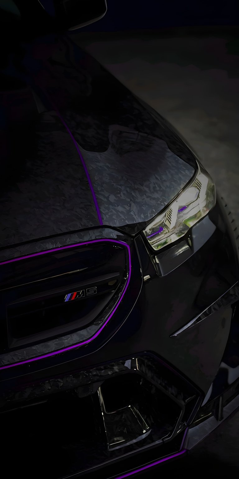 This high-contrast BMW M5 4K wallpaper features a stunning forged carbon fiber texture paired with vibrant purple LED accents. Perfect as an OLED / AMOLED wallpaper for your iPhone, it highlights the aggressive front grille and headlight detailing against a deep, dark background.