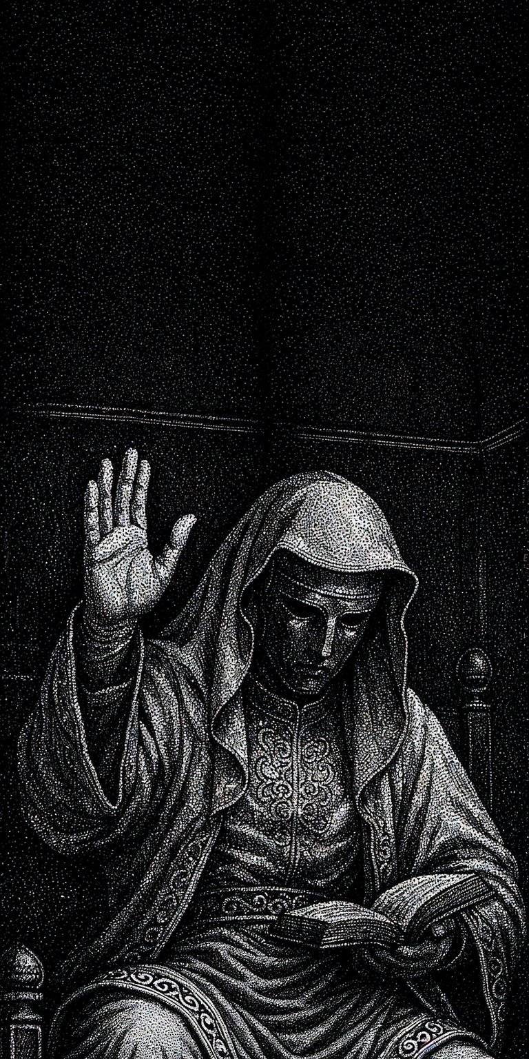 Download this Malleus Maleficarum 4K wallpaper for your iPhone, showcasing a high hand gesture, intricate robe details, and a figure engrossed in a book. This wallpaper provides a visually striking and unique background.
