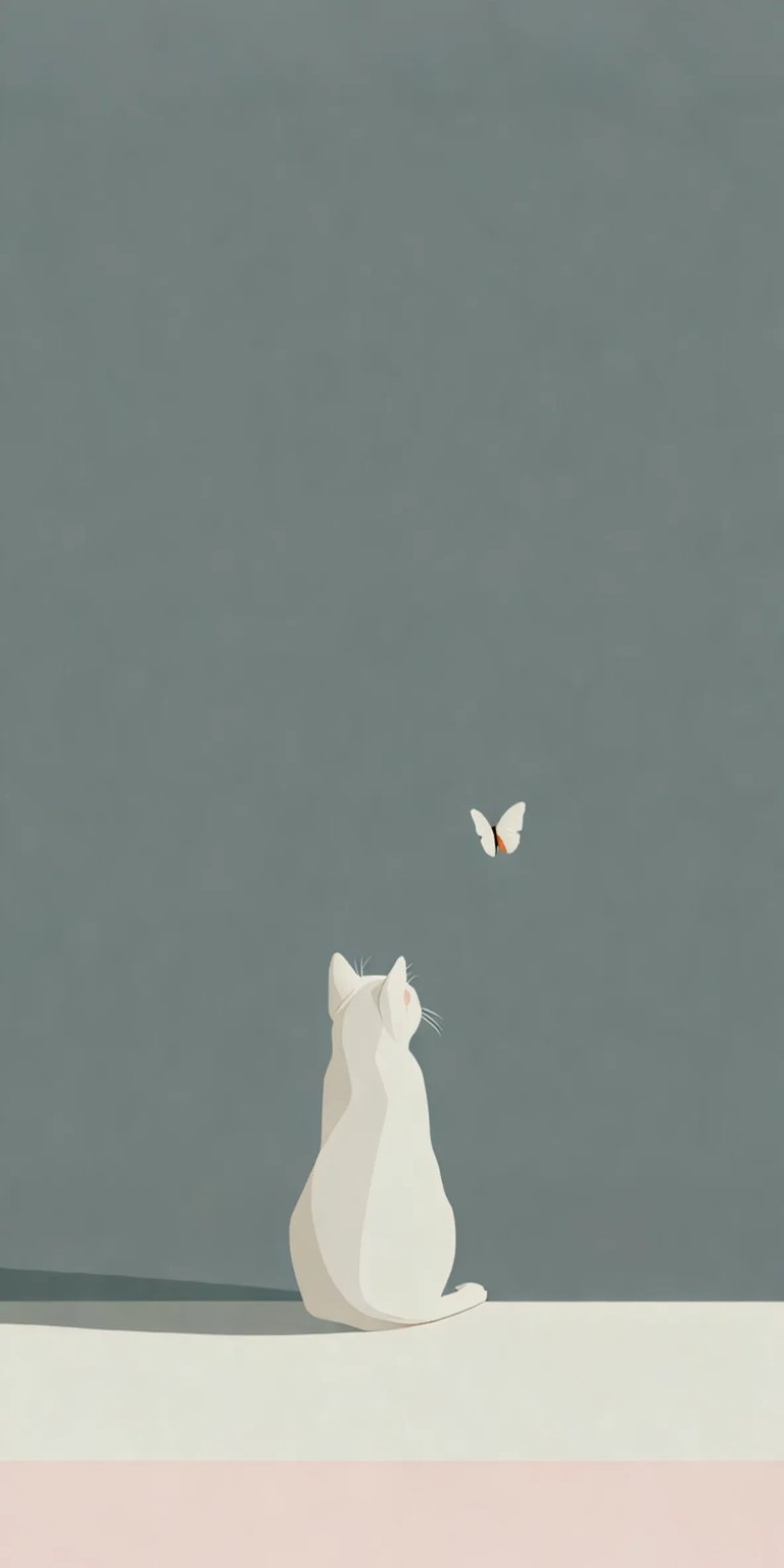 Minimal white cat looking at butterfly art iPhone wallpaper 4K