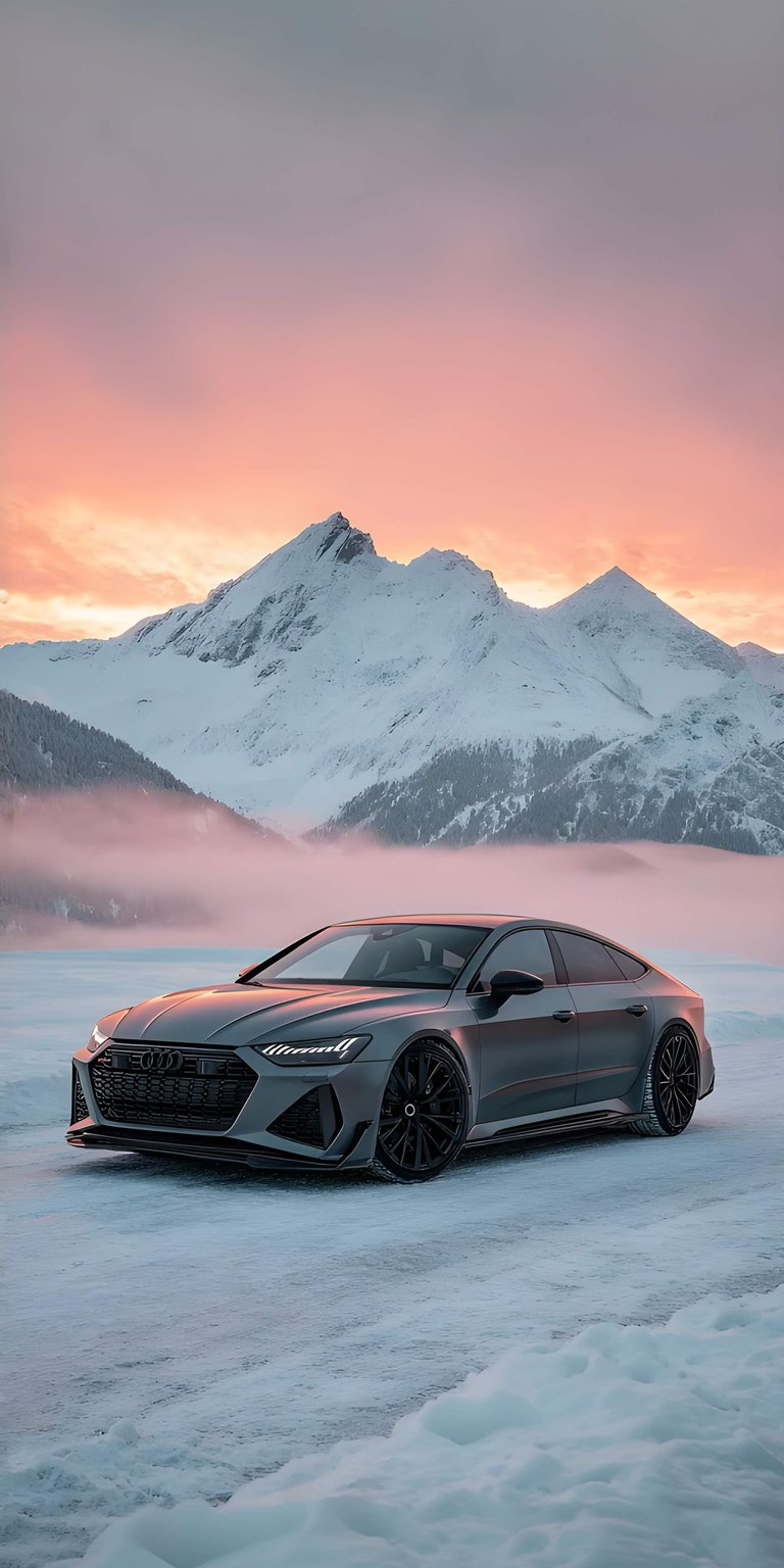 Stunning Audi RS7 3D wallpaper set against a breathtaking snowy mountain range. A perfect high-altitude wallpaper for iPhone users who love luxury vehicles and nature.