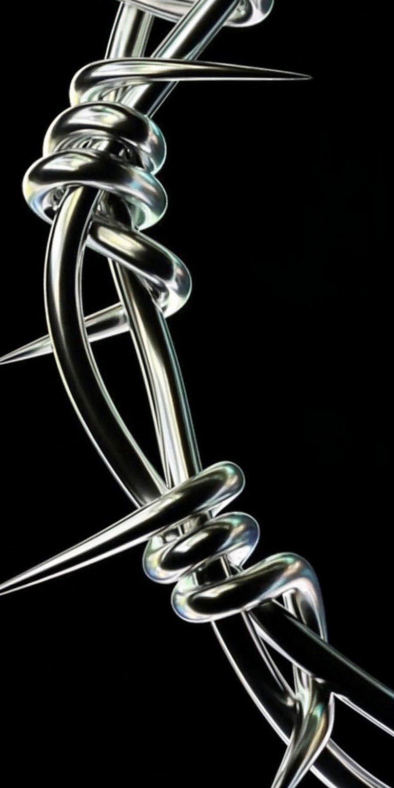 Download this striking barbed wire 4K wallpaper for your iPhone, featuring a gleaming metallic texture against a stark black background, complete with a visible date and time overlay. This distinctive wallpaper offers a raw, industrial aesthetic with its sharp, twisted design.