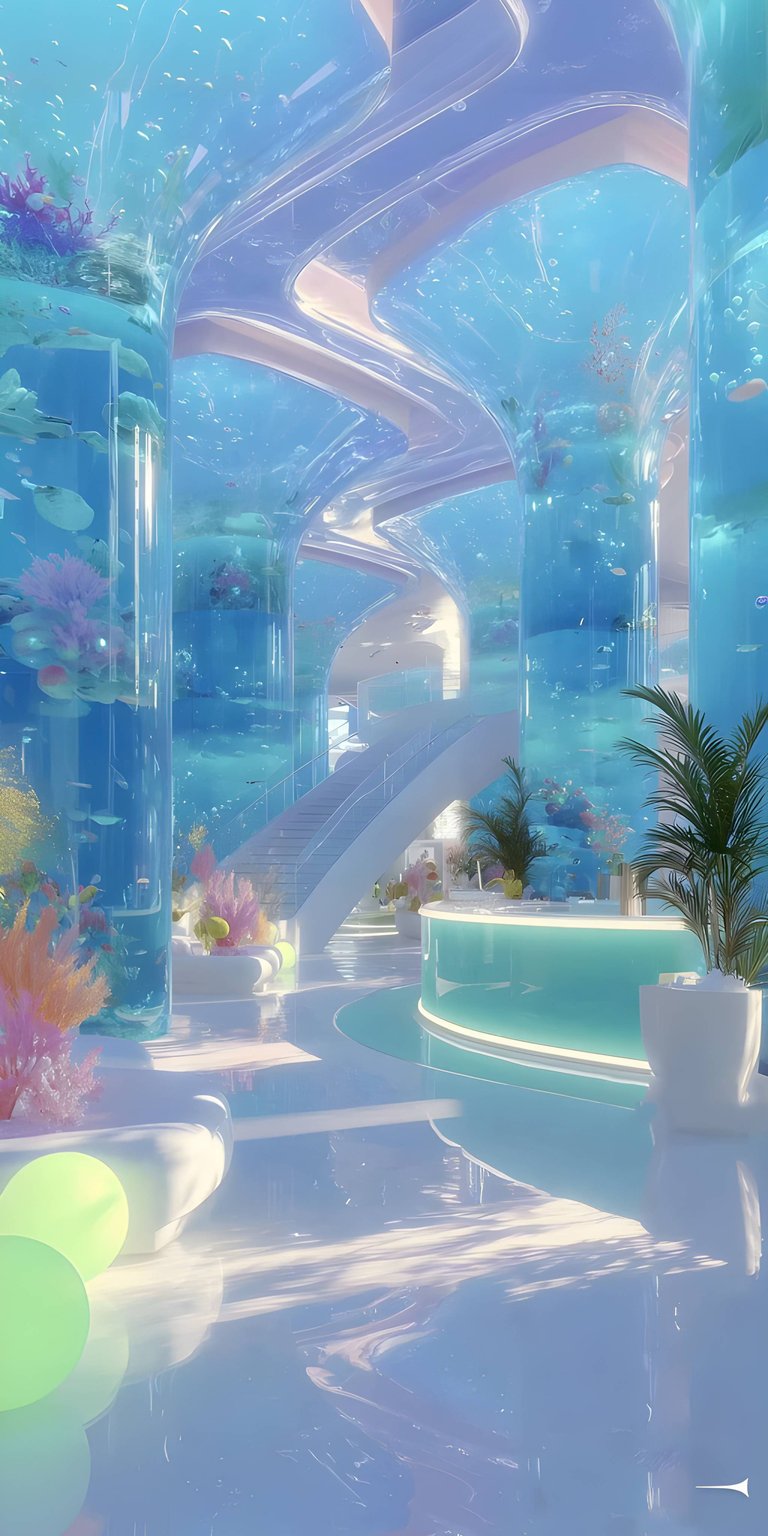Download this stunning Aquarium Interior 4K wallpaper for your iPhone! This incredible wallpaper showcases sleek white stairs, cylindrical aquariums filled with coral, and a futuristic aesthetic.