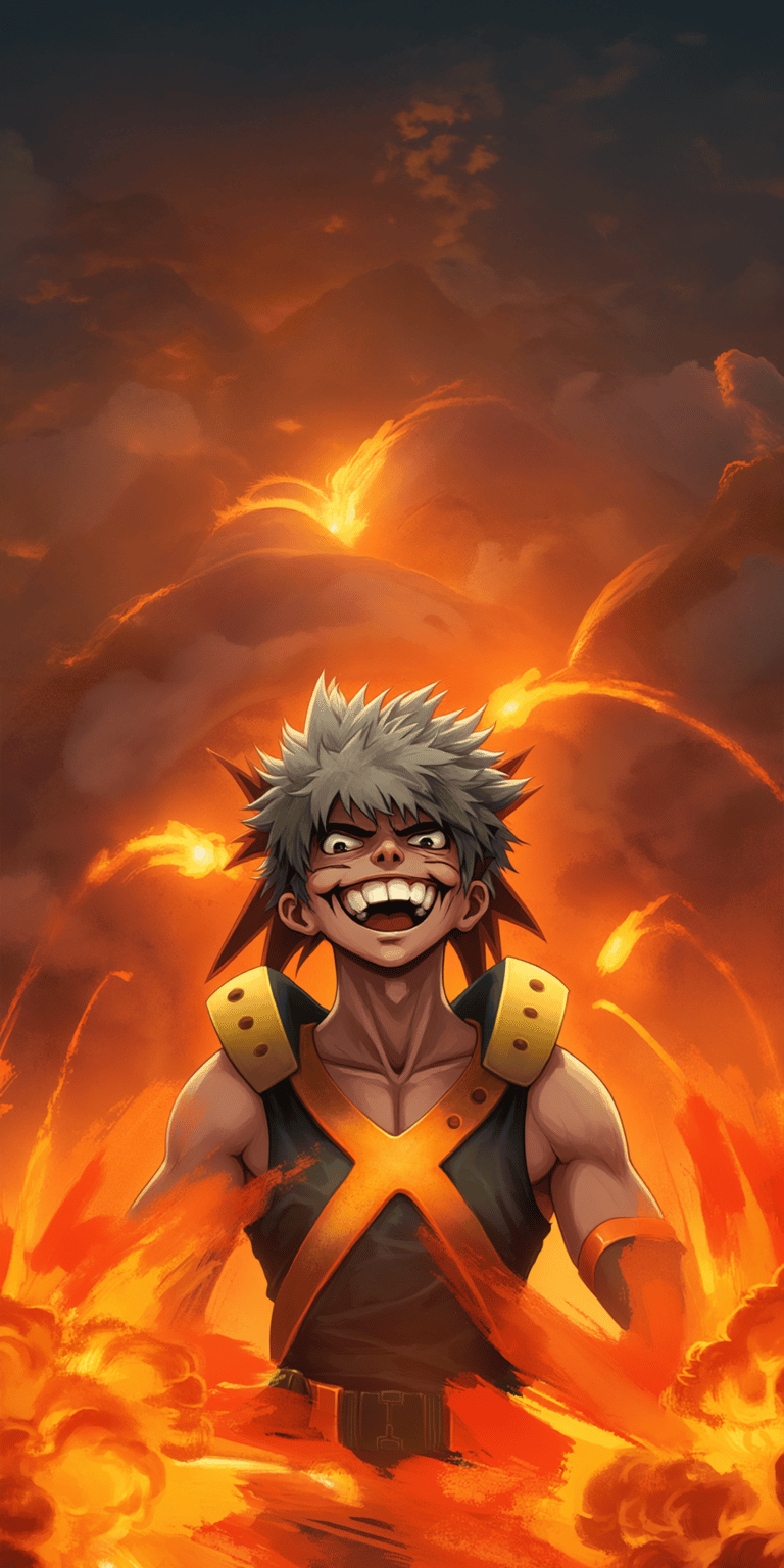 Download this dynamic Bakugo 4K wallpaper for your iPhone, showcasing him amidst fiery explosions and a dramatic cloudy sky. This wallpaper highlights Bakugo's intense expression and signature green and yellow outfit.