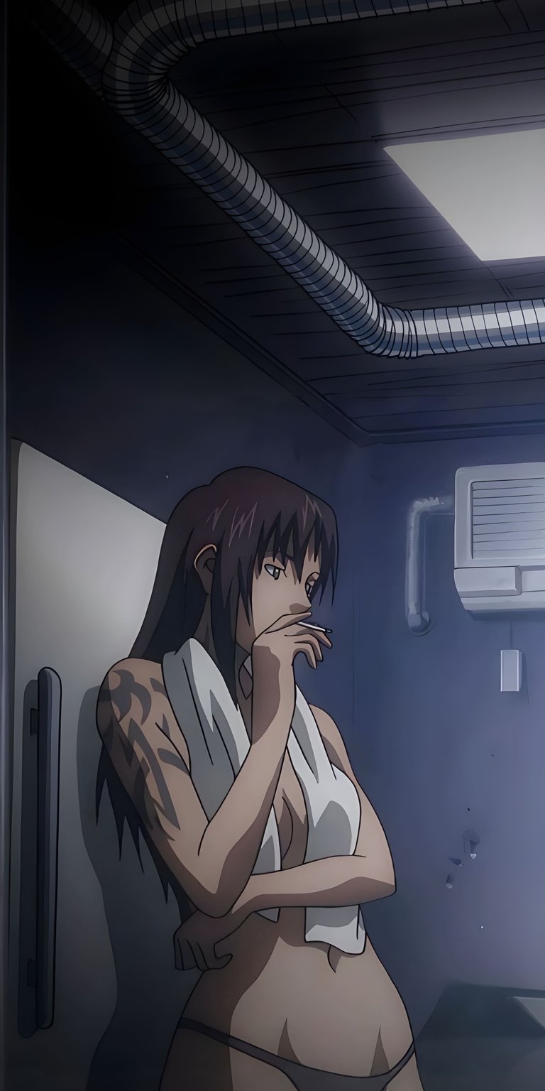 Download this high-resolution Revy Black Lagoon 4K wallpaper featuring cinematic textures and detailed tribal tattoos for your iPhone. This atmospheric mobile wallpaper captures the iconic anime protagonist in a moody, indoor setting perfect for any lock screen.