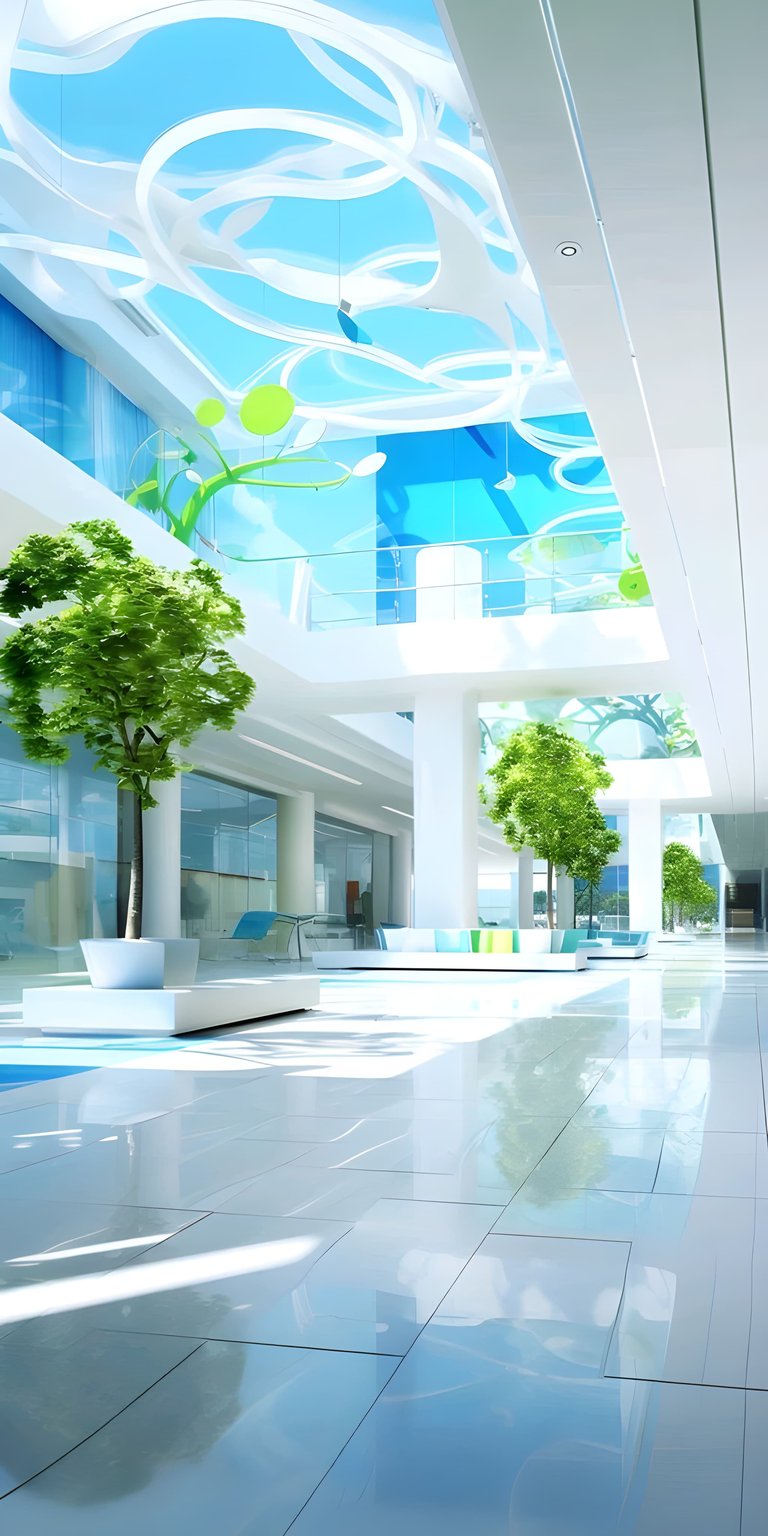 Transform your iPhone with this stunning Lobby 4K wallpaper, showcasing an indoor space filled with natural light, white columns, and potted trees. This wallpaper captures the essence of modern architecture and design.