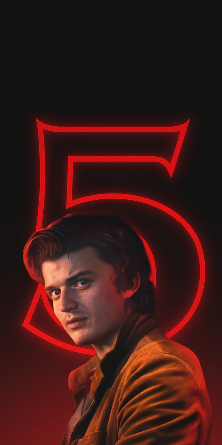 Download this incredible Steve Harrington 4K wallpaper for your iPhone, featuring a neon red number 5 and Steve in his brown jacket.  This wallpaper is perfect for any Stranger Things fan!